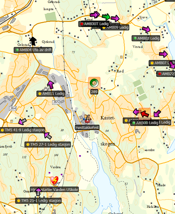 Symboler i kart Ambulanseressurser: piler Hendelser: sirkler