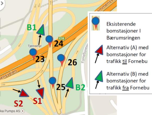 Ved Fornebu kan det være aktuelt med ulike lokaliseringer av suppleringssnitt: Alternativ A: Bomstasjoner for all trafikk til Fornebu.