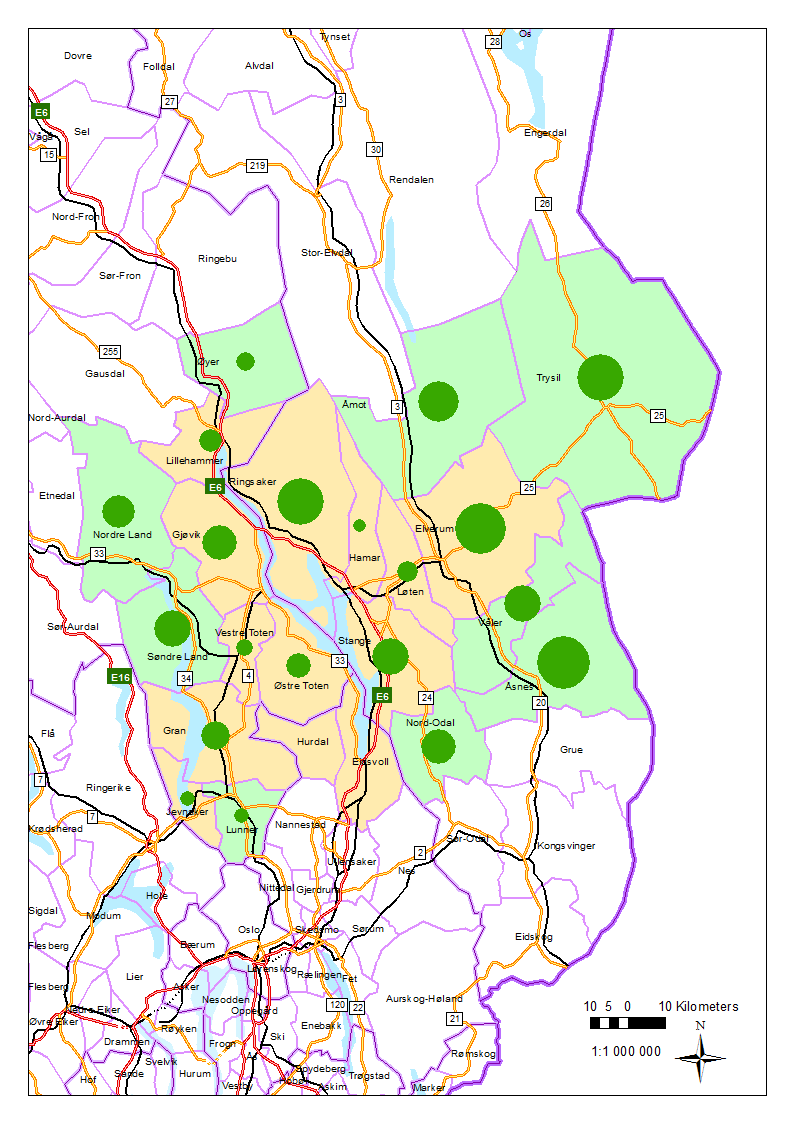 Figur 2: Grønne sirkler viser forholdsmessig volumet på avvirkningen i 2010 fordelt på kommuner i Region 1. Tallmaterialet er gitt i de to foregående tabellene.