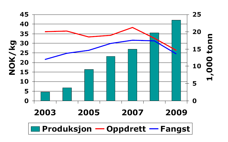 5.2 Markedet for oppdrettstorsk Det vesentligste av oppdrettstorsken blir solgt som hel fisk til eksport. Fra produsent blir den også solgt som hel fisk til innlandsmarkedet i Norge.