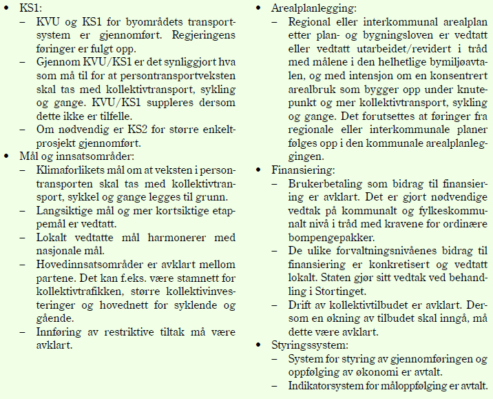 Boks 2.1: Generelle krav til rammer, avklaringer og vedtak i helhetlige bymiljøavtaler (Kilde NTP) 3.