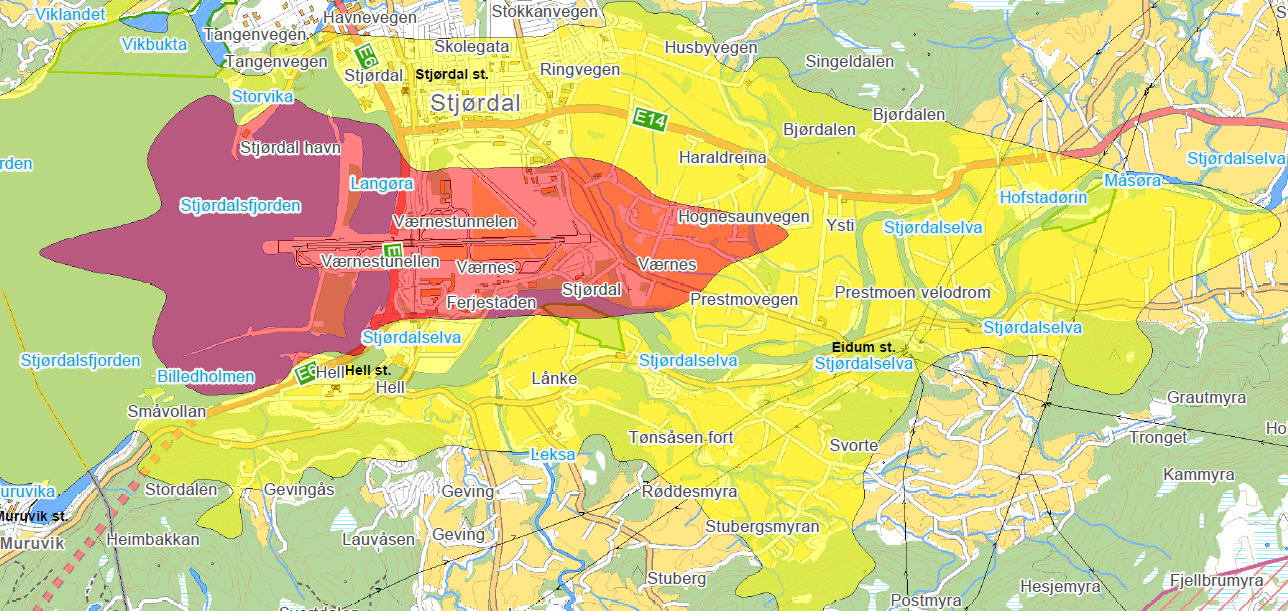 Figur 22: Flystøysonekart etter T-1442/2012 gjeldende planperioden 2010 2020. I rød sone bør ikke boliger bygges.