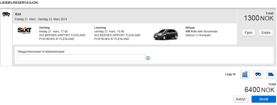 2.6 Handlekurv Etter at du har valgt ønsket leiebil, kommer man igjen til oppsummeringssiden hvor man kan se at