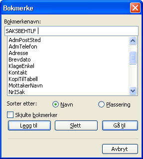 3. Kryss av feltet Bokmerker Registrerte bokmerker vil nå vises som loddrette streker i dokumentmalen. Bokmerker som er tilgjengelige for valg er avhengig av registrert dokumenttype for dokumentmalen.