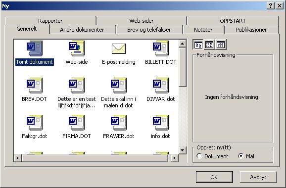 - Du kan også åpne et vanlig nytt dokument, men husk å lagre filen som dokumentmal (*.dot fil) - Lagre den på samme område som de andre malene til ephorte ligger, eller der tilleggsmalene ligger.