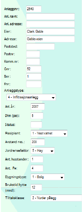 Data om anlegget, belastning, eier og