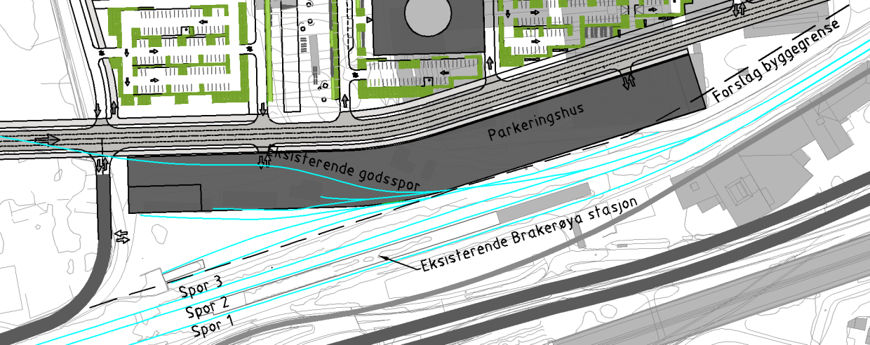 multiconsult.no Figur 6: Illustrasjon av forslag til byggegrense 3.2 Midlertidig godsspor Det er laget tre alternativer hvor forskjellen er kurveradius rundt nordøstre hjørne av parkeringshuset.