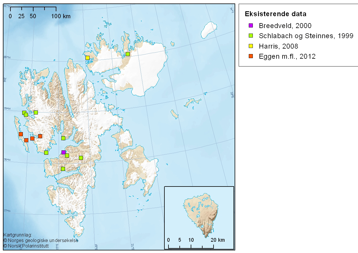 Her ble jordprøver fra ni ulike bakgrunnslokaliteter fra store deler av Svalbard undersøkt for opptil 24 ulike PCB-kongenere. Mediankonsentrasjon for PCB 7 i denne undersøkelsen er 0,405 µg/kg.