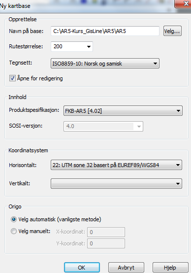 Oppgave 1 Forberedelse til ajourføring Ny kartbase Start GIS/LINE Kart. Opprett ny kartbase, meny Fil - Ny base.