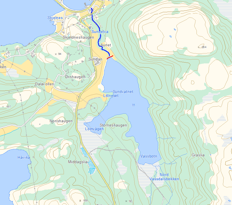 4 Resultatomtale av hvert vassdrag 4.1 Vassdrag på Sunde 4.1.1 Sundevassdraget Figur 6. Sundevassdraget, der utløpselva Sundelva er markert med uthevet blå linje.