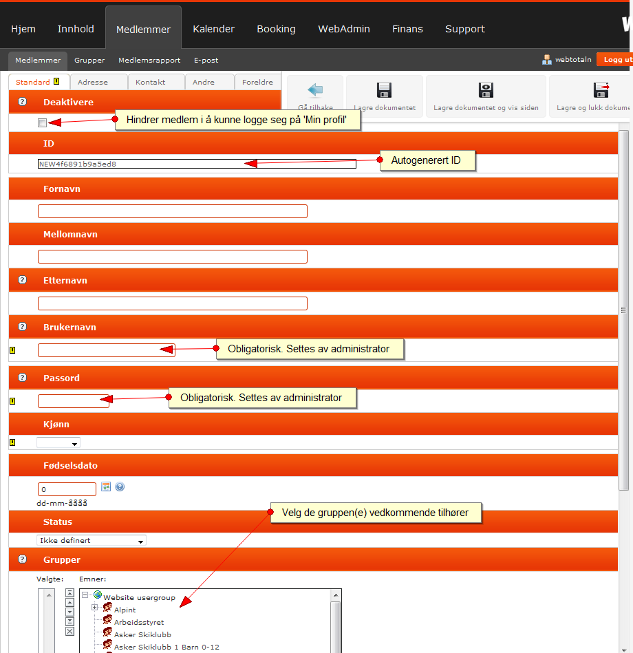 Dokumentasjon WebOrg, Side 28 Medlemmer Nytt medlem Klikk på hovedfanen 'Medlemmer' så 'medlemmer' og 'nytt medlem'.
