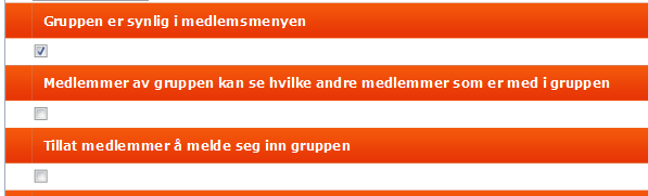 Dokumentasjon WebOrg, Side 33 De tre avkrysningsboksene under 'Hovedgruppe' feltet er viktig med tanke på hvorvidt medlemmer skal kunne registrere seg/melde seg inn i en gruppe via 'Min Profil' på