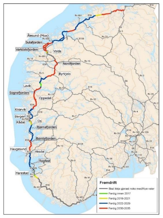 Ferjefri E39 innen 2035 Utviklingsstrategi Teknologisk mulig Ny teknologi for fjordkryssinger Planleggingsmessig