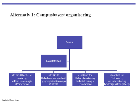 FAKULTET FOR HELSE- OG SOSIALVITENSKAP Dekanene ved HE g HS fakultetene har freslått t alternative rganisatriske mdeller; Alternativ 1: en mdell sm er campusbasert.