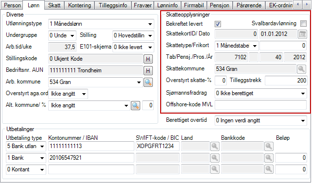 Legg merke til at skattekortinformasjon nå har blitt tidsstyrt, og har en gyldig fradato, (utskriftsdato fra Altinn).