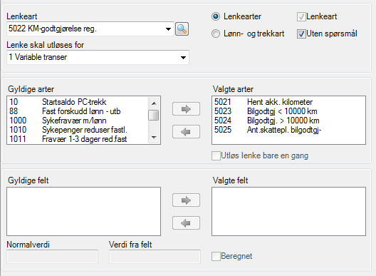 Ved beregning benyttes avvikende behandling, og disse behandlingskodene: Kilometer under grense (G+A-K10000>A-G-A+K10000>K0<A*S) Kilometer over grense (G+A-K10000>K0<A*S) Du må benytte egen lønnsart