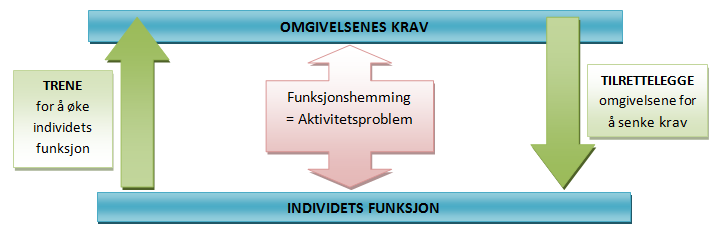 De tre nederste nivåene i pyramiden illustrerer rehabilitering i personens eget nærmiljø mens de to øverste nivåene viser spesialisert rehabilitering på institusjon.