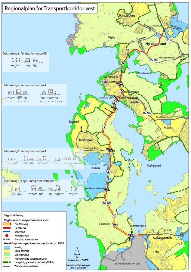 Regionalplan for Transportkorridor Vest Viktige tiltak i planen: Utvidelse til fire felt på strekningen fra Sømmevågen til Kverntorget, herunder ny bru over Hafrsfjord.