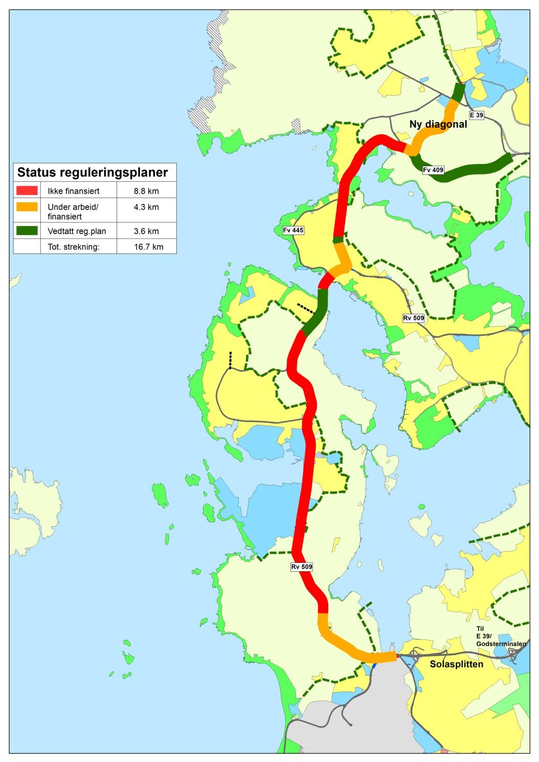 Status for regulering av Transportkorridor Vest Oversikten viser status for finansiering av planarbeid.