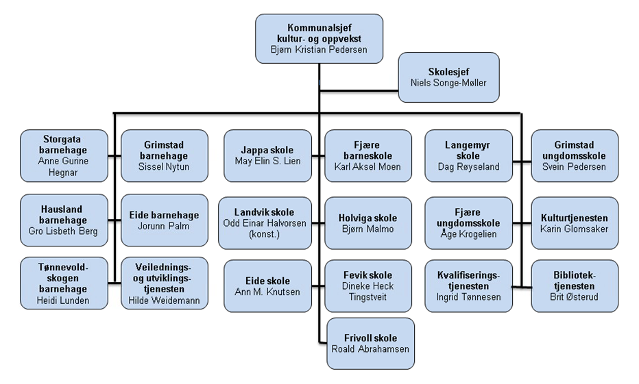 Kultur- og oppvekstsektoren består av 19 tjenesteenheter, hvorav fem barnehager og ni grunnskoler i tillegg til kvalifiseringstjenesten, Langemyr skole, veilednings- og utviklingstjenesten,
