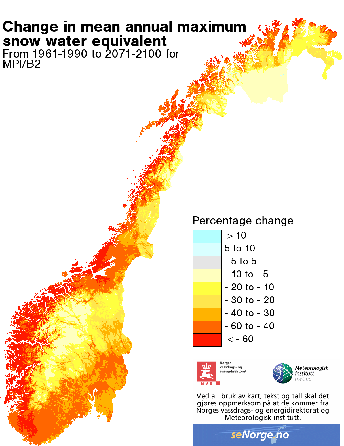 Endring i årlig maksverdi for snøens vannekvivalent 1981-1999 til 2031-2049, M92