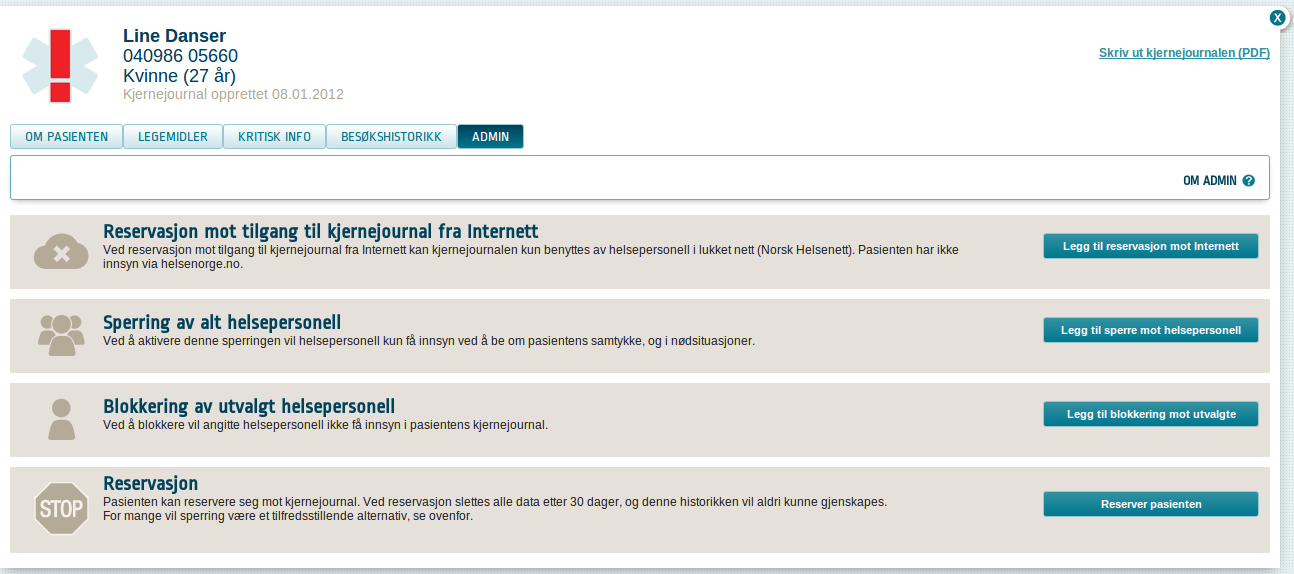 Pasientens innstillinger for personvern Sperre tilgang til egen kjernejournal på Helsenorge.