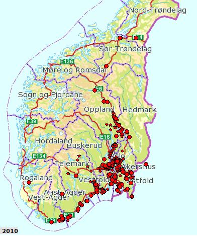 2011-undersøkelsen Område: Det sentrale Østlandsområdet (21 kommuner i Akershus, Buskerud, Oppland, Vestfold og Oslo) Fem arter som alle er i sterk spredning