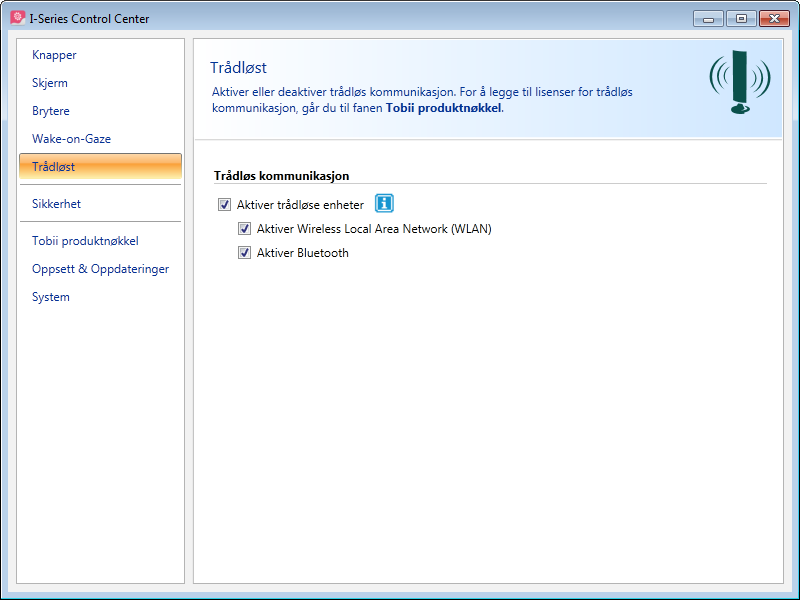 For informasjon om bruk av Wake-on-Gaze, se 5.5 Aktiver Tobii I-Series fra hvilemodus med Gaze Interaction, side 31.