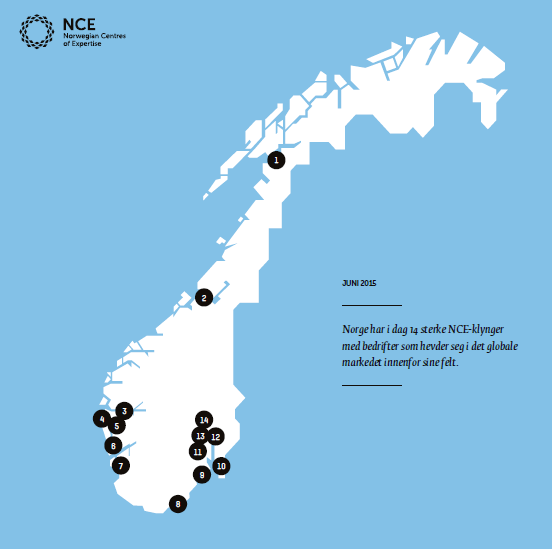 1. NCE Aquaculture 2. NCE Instrumentation 3. NCE Tourism - Fjord Norway 4. NCE Seafood Innovation Cluster 5. NCE Media 6. NCE Maritime CleanTech 7. NCE Culinology 8.