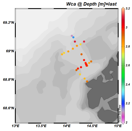 e) f) Figur 45. Variasjoner av bunnvann ved Hola-revet: e) ph, f) fco2 (µatm). Figure 45.Variations in the bottom waters on top of Hola reef of: e) ph, f) fugacity of CO2 (fco2 µatm).