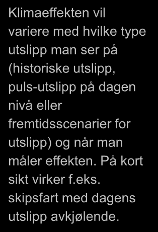 Klimavirkninger av transport når alle utslippskomponenter tas med Klimaeffekten vil variere med hvilke type utslipp man ser på (historiske utslipp, puls-utslipp på