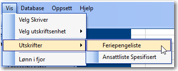 7. Feriepengeliste Skriv ut feriepengeliste for i fjor. Obs! Denne kan skrives ut fra hovedvinduet i Harmoni. Klikk på Vis, Utskrifter og Feriepengeliste som vist under. 8.