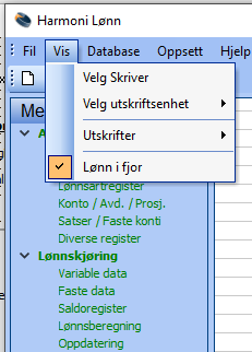 Mulighet til å korrigere data og sende a-melding på fjorår Hvis det blir behov for å endre tidligere innsendt a-melding så kan dette gjøres ved å velge Vis og Lønn i fjor som vist under: Menyen blir