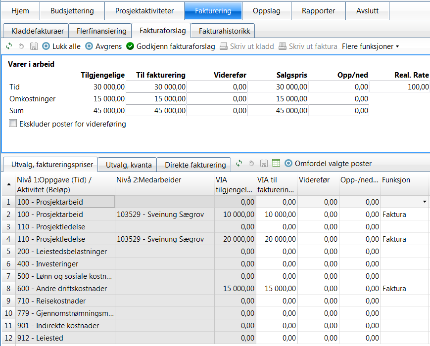 Sjekk eventuelt bruk av samlefakturering mellom hoved- og delprosjekt 2Fakturaforslag Velg fanen «Fakturering» og deretter fanen «Fakturaforslag» Det kommer opp et fakturaforslag med det som er