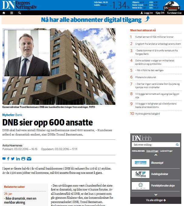 DNB hadde i 2015 hele 156 millioner besøk i mobilbanken og 91 millioner besøk i nettbanken. Manuelle tjenester i kontorene er redusert med 82 prosent på to år.