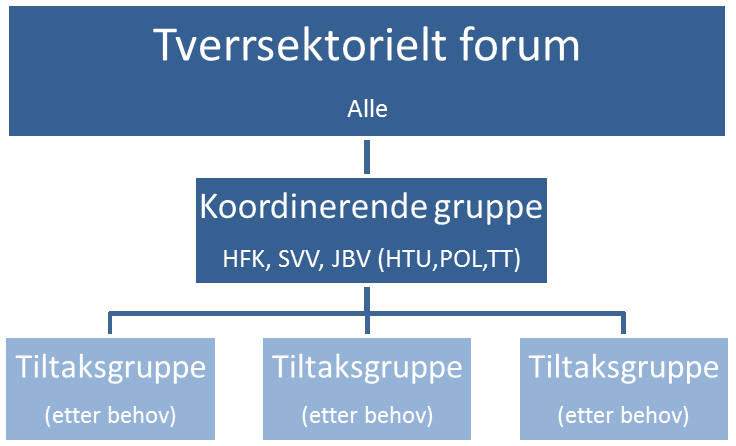 Figur 1: Forslag til organisering av arbeidet Omfang og avgrensing Ved organisering av en slik arbeidsform forventes det at man får samlet alle aktører med ansvar og påvirkningskraft innenfor temaet,