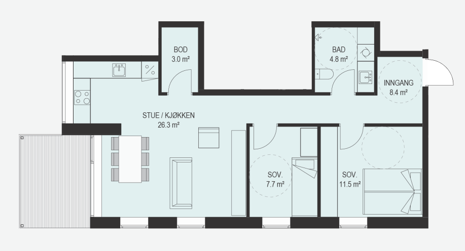 LEILIGHET 302 Entré/gang Stue og kjøkken i åpen løsning Bad/WC/Vaskerom To soverom Balkong med