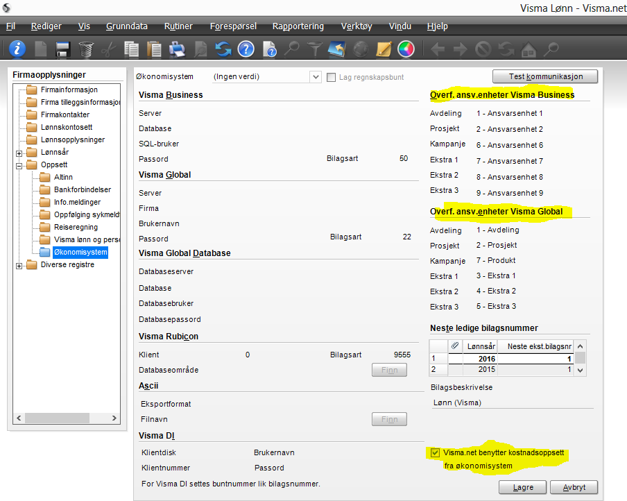 VISMA LØNN PATCH 10.00.3 Visma.net benytter kostnadsoppsett fra økonomisystem Hvis du har Visma Business eller Visma Global Visma Lønn tar hensyn til hvordan du har satt opp mapping mot økonomisystem.