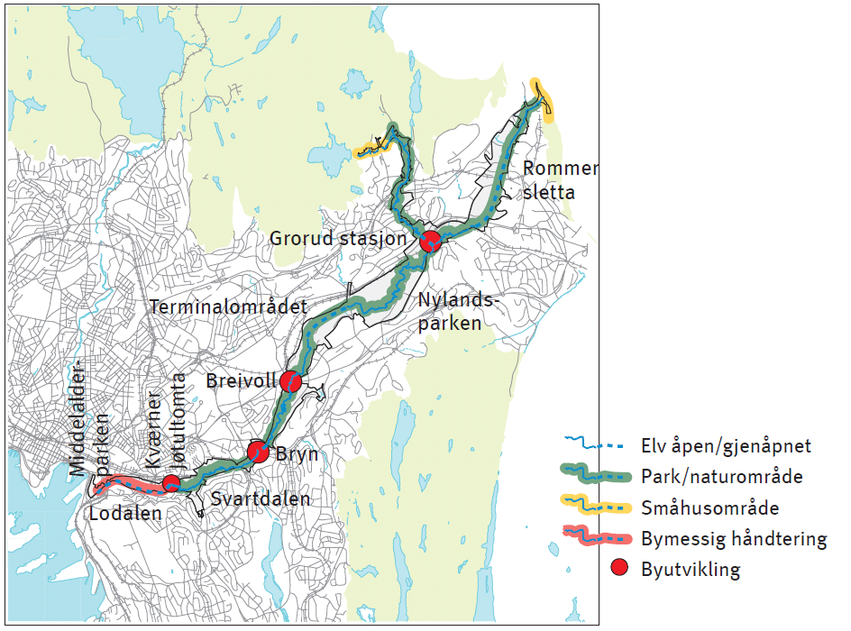 I fem byutviklingsområder utvikles korridoren bymessig, med