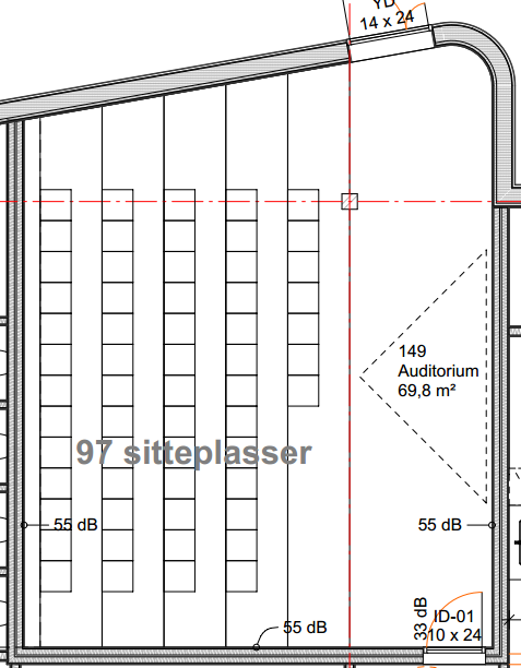 AKUSTISK PROSJEKTERING 17 (23) Figur 4 Viser plassering av absorbenter i formidlingsrom plan 1 og 2. 4.3 Spesialrom - naturfag Rommene har et volum på 600 m 3 og en fri høyde på 7,2 meter.