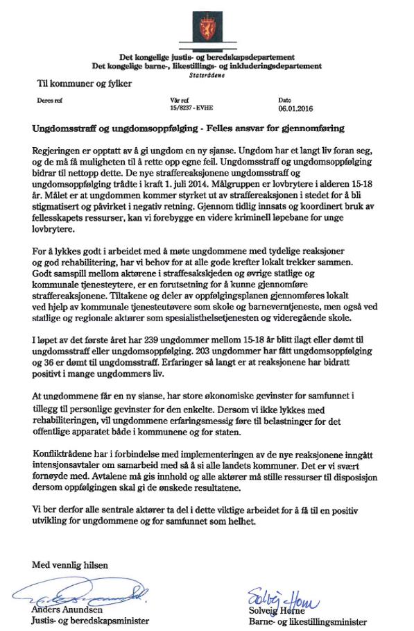 Brev fra justis- og beredskapsdepartementet av 06.01.2016.