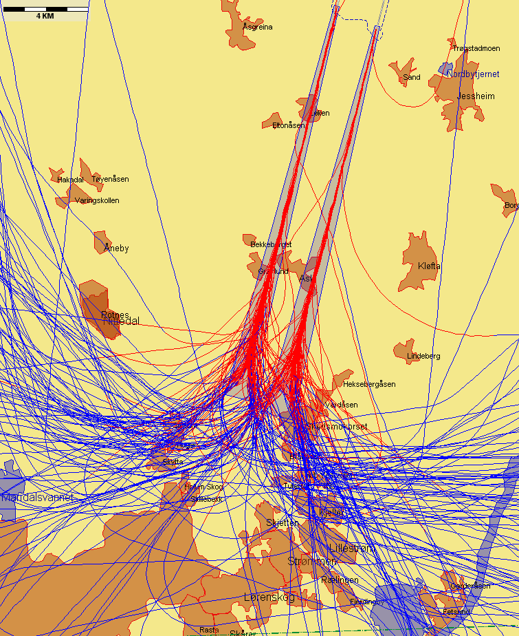 9.3.2 Landinger, rapportering iht 9, Forskrift om støyforebygging, Gardermoen Jetflylandinger fra sør med sen tilslutning til ILS-glidebanen Figur 6.