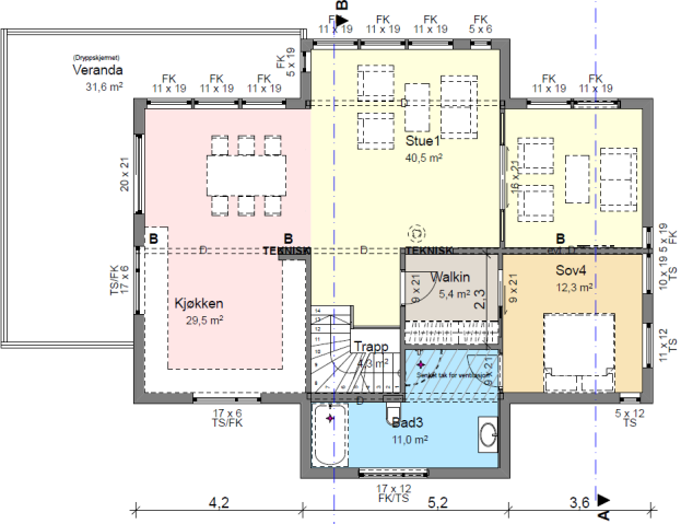 Figur 1: Plantegning loftsetasje. Beregninger av innendørs lydnivå er utført etter metoden beskrevet i Håndbok 47 fra Byggforsk. Metoden er implementert i beregningsprogrammet Støybygg v.3.0.103.
