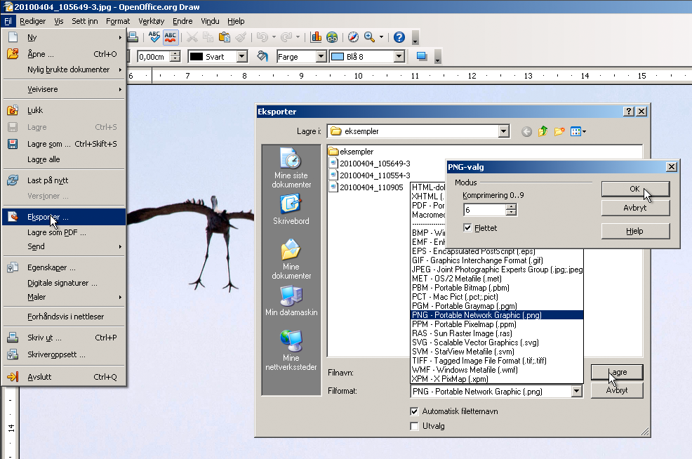 Eksport av bilde til PNG med Open Office Draw (Windows) 1. Åpne bildet du vil lagre eller eksportere i Open Office Draw. 2. Velg menyen Fil > Eksporter... 3.