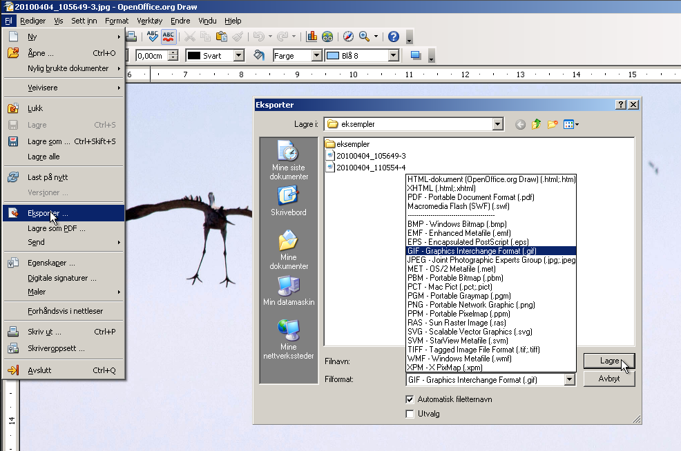 Eksport av bilde til GIF med Open Office Draw (Windows) 1. Åpne bildet du vil lagre eller eksportere i Open Office Draw. 2. Velg menyen Fil > Eksporter... 3.