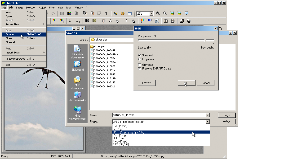 Eksport av bilde til JPEG med Photofiltre (Windows) Photofiltre kan brukes til konvertering mellom en rekke grafikk- og bildeformater. 1. Åpne bildet du vil lagre eller eksportere i Photofiltre. 2.