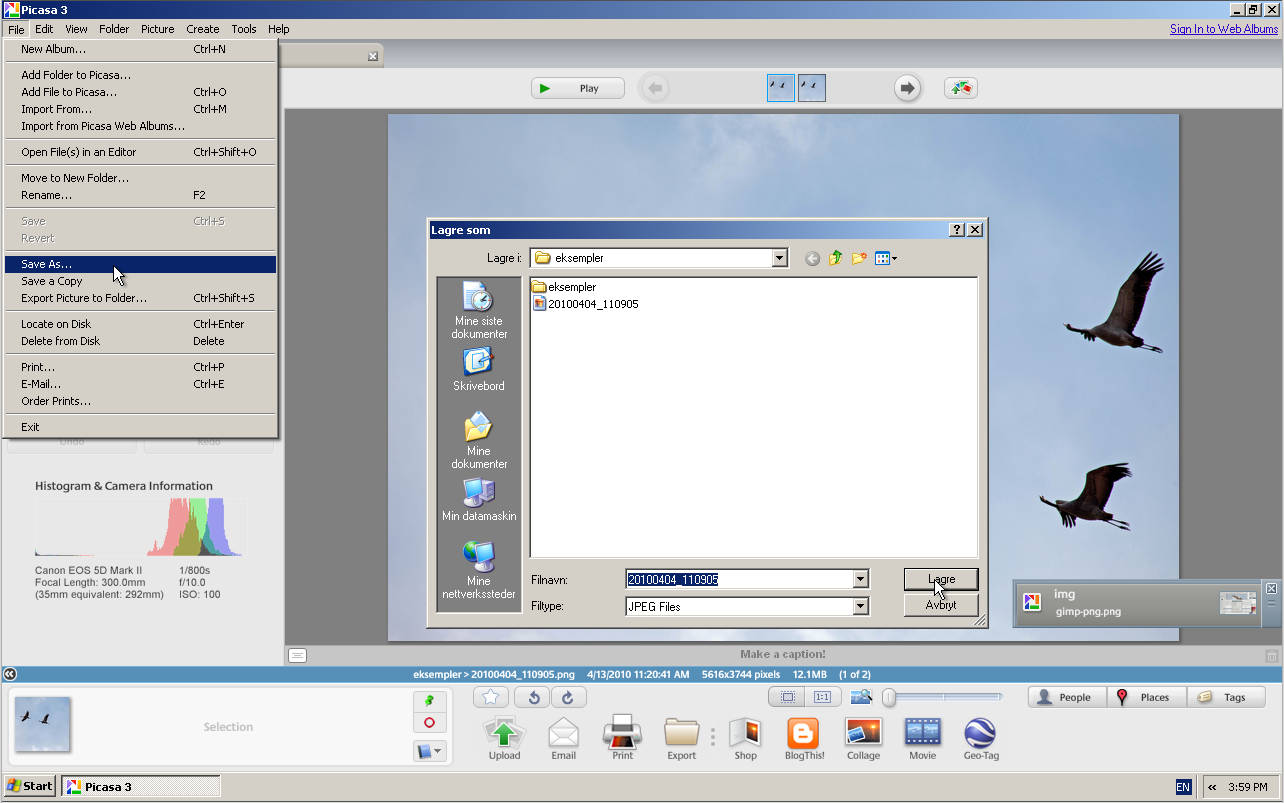 Eksport av bilde til JPEG med Picasa (Windows) Picasa er et bildehåndteringsprogram fra Google, og leser en rekke billedformater, men lagrer foreløpig bare til JPEG. 1.