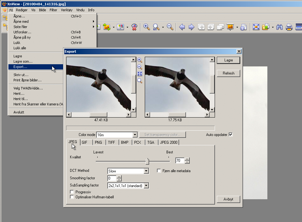 Eksport av bilde til JPEG med XnView (Windows) XnView kan importere og eksportere en rekke forskjellige billedformater. 1. Åpne bildet du vil lagre eller eksportere i XnView. 2. Velg menyen Export... 3.