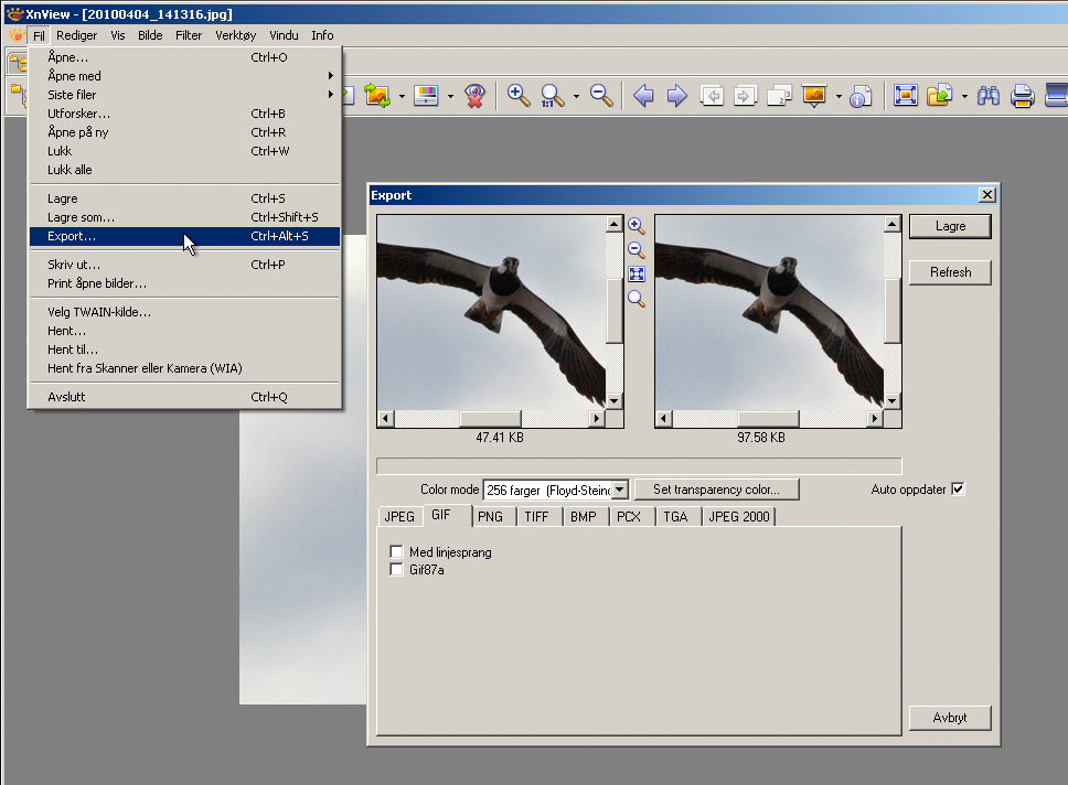 Eksport av bilde til GIF med XnView (Windows) XnView kan importere og eksportere en rekke forskjellige billedformater. 1. Åpne bildet du vil lagre eller eksportere i XnView. 2. Velg menyen Export... 3.