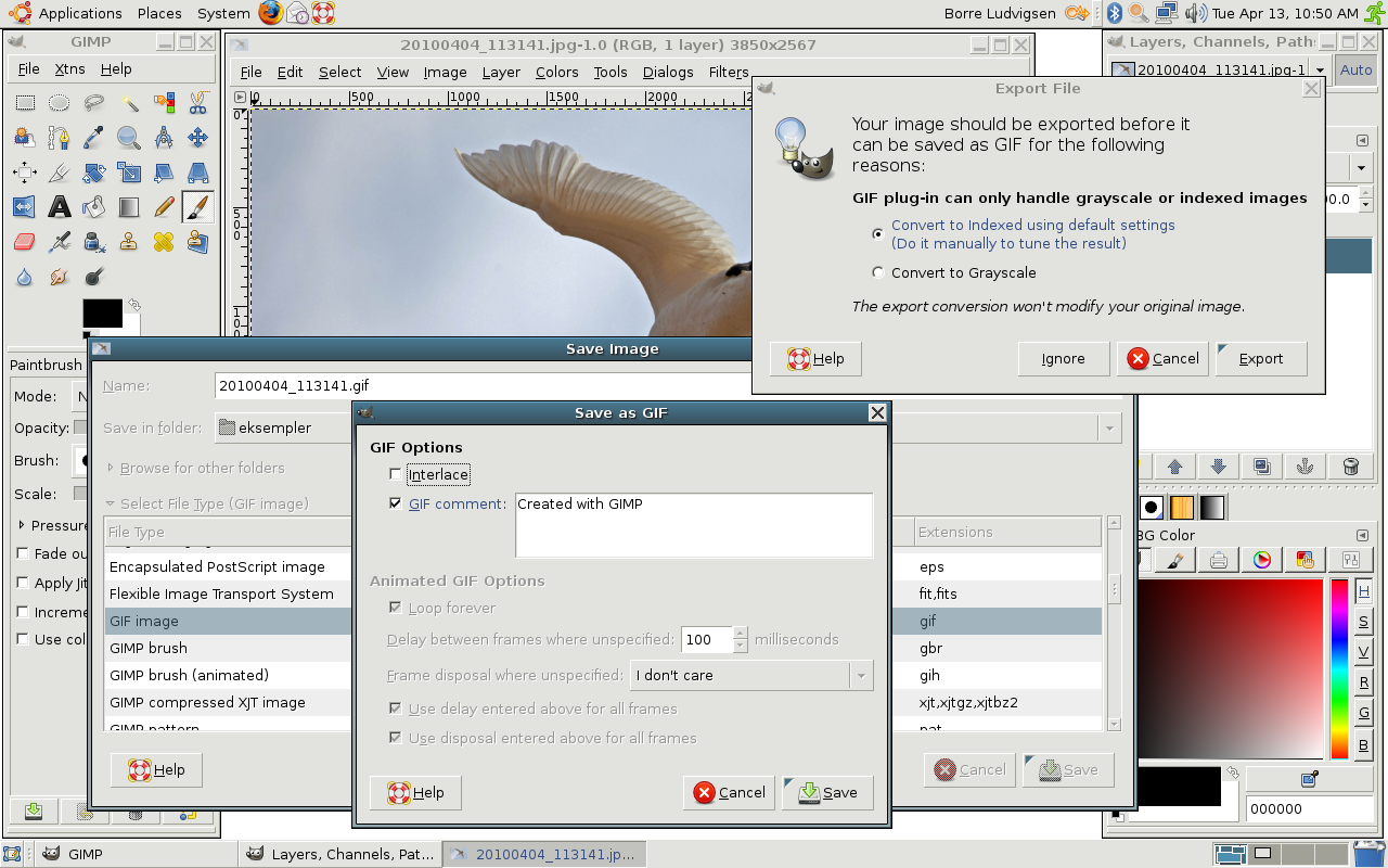 Eksport av bilde til GIF med Gimp (Linux/Unix) 1. Åpne bildet du vil lagre eller eksportere i Gimp. 2. Velg menyen File > Save As... 3.